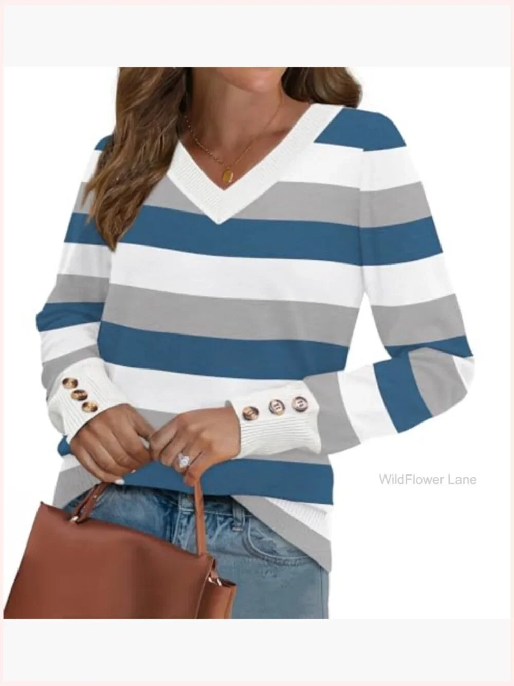 Lightweight V-Neck Knit Sweater with Button Cuffs
